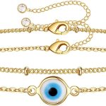 Dainty Gold Bracelets for Women, 14K Gold Filled Adjustable Layered Bracelet Cute Evil Eye Oval Chain Pearl Bar Turtle Gold Bracelets for Women Jewelry